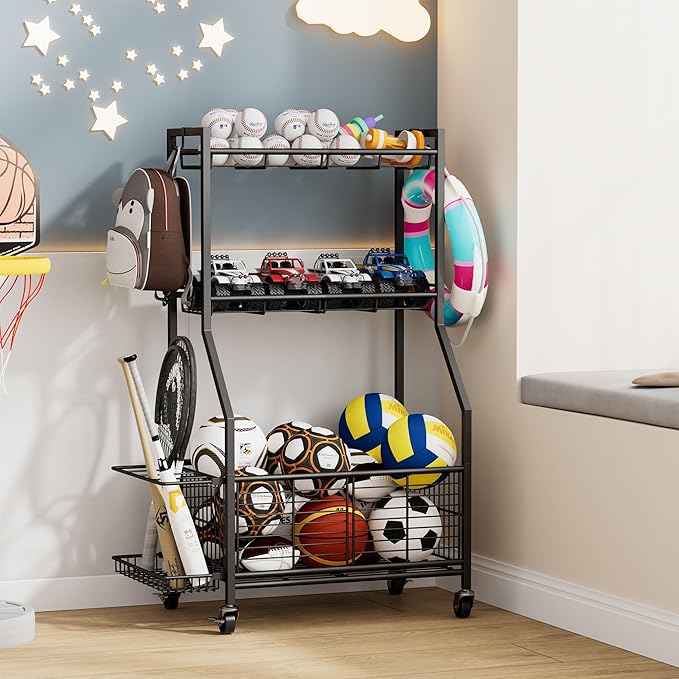 Sports Equipment & Toy Storage Rack with Wheels, 3-Tier Ball Organizer for Balls, Rackets & Sports Gear, Large Capacity with Racket Slots & Hooks, for Garage, Home Gym or Backyard – 23" W