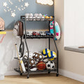 Sports Equipment & Toy Storage Rack with Wheels, 3-Tier Ball Organizer for Balls, Rackets & Sports Gear, Large Capacity with Racket Slots & Hooks, for Garage, Home Gym or Backyard – 23" W