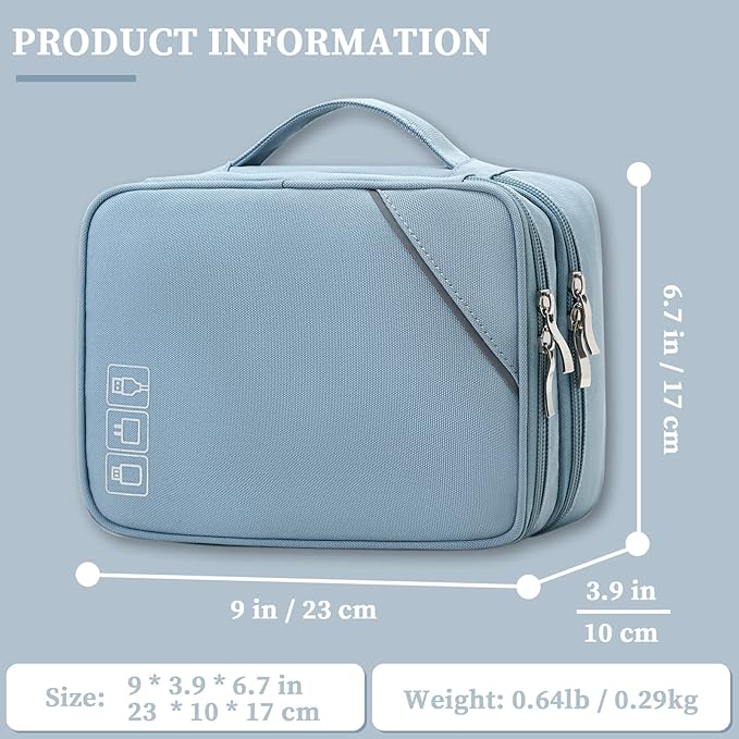 Lanola Electronic Accessories Case,Electronics Travel Organizer, Portable Double Layer Cable Storage Bag for Cord, Charger, Flash Drive, Phone, SD Card,Flash Drive,Adapter - Light Blue