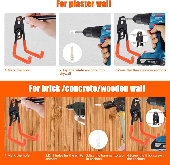 Heavy Duty Garage Storage Hooks, 4 Pack Utility Steel Garage Tool Organizer Wall Mount for Hanging Power and Garden Tools Ladders Hoses Bikes Ropes & Bulk Items