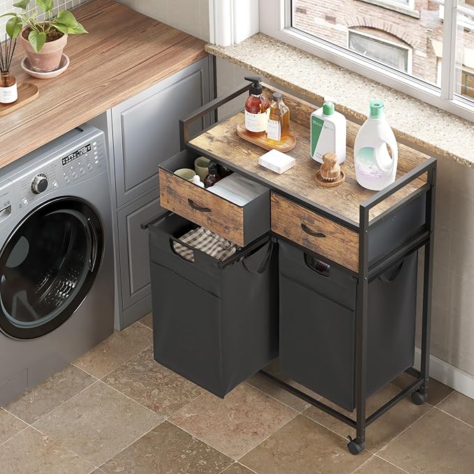 Laundry Hamper baskets 2 Section with 2 Drawers, 100L Laundry Sorter with Wheels Pull-Out Removable Laundry Bags, Rustic Brown and Black