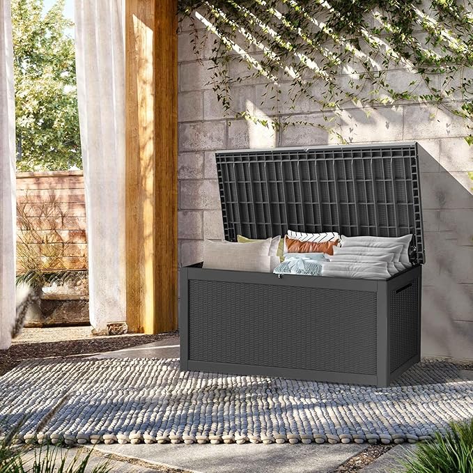 320 Gallon Resin Deck Box, Waterproof Outdoor Storage Box for Patio Furniture Cushions, Garden Tools, and Pool Accessories, Large Lockable UV-Resistant Storage Bin Bench Cabinet for Outside, Black