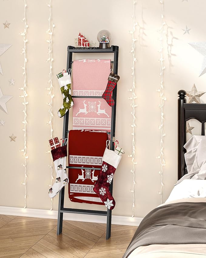 Blanket Ladder Shelf, Decorative Quilt Rack,6-Tier Farmhouse Ladder Holder Organizer with 4 Removable Hooks, Black BR35804B