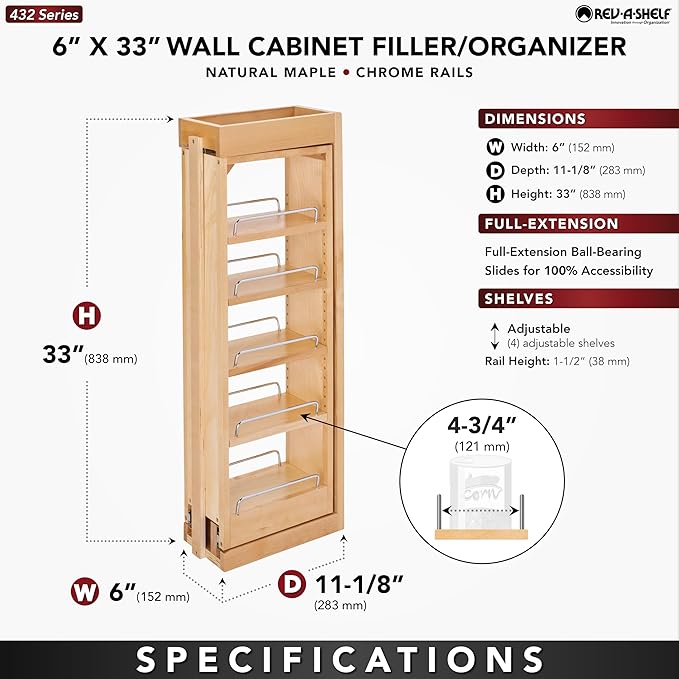 Rev-A-Shelf 6"W x 33"H Pull Out Quad Shelf Organizer for Wall & Base Kitchen Cabinets, Full Extension Filler Spice Rack, Adjustable, Wood, 432-WF33-6C