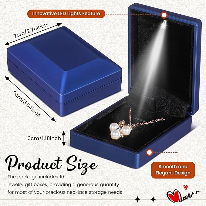 Landical 10 Pcs Pendant Necklace Box with LED Light Velvet Necklace Case for Pendant Bracelet Ring Earring, Jewelry Storage(Blue)
