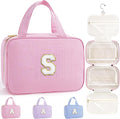 TOPEAST Hanging Toiletry Bag - Large Capacity Personalized Travel Bag for Women, Cruise Ship Essentials - Letter S, Pink