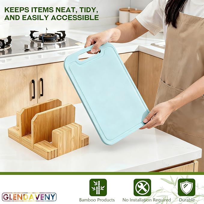 Bamboo Pot Lid Holder, Cutting Board Organizer Holder, Dish Plate Pot Lids Organizer Rack for Cabinet and Countertop