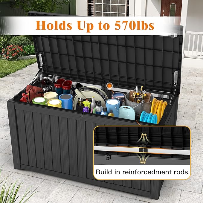Outdoor Storage Box - Lockable Waterproof UV-Resistant Resin Deck Box for Patio Cushions, Pool Accessories (Black, 150 Gallon)