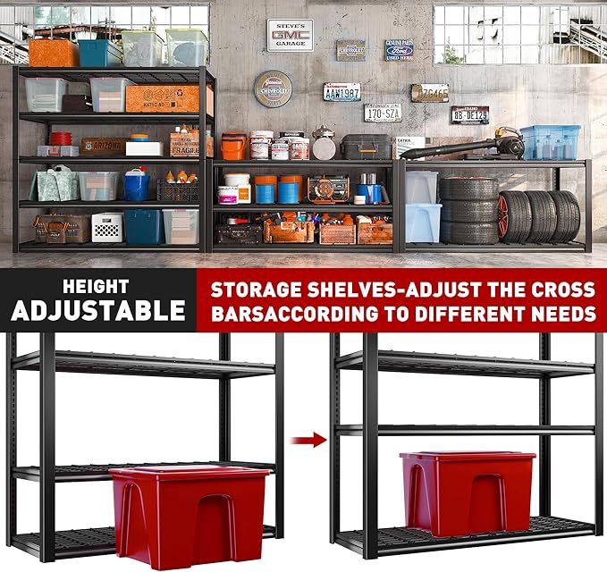 REIBII 48.2'' W Garage Shelving, 3010LBS Storage Shelves Heavy Duty, 5 Tier Adjustable Metal Shelving Unit for Warehouse, Garage, Basement, 48.2" W x 24.5" D x 72" H