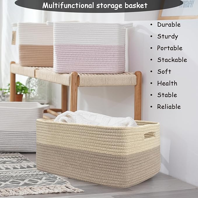 COMFY-HOMI Cotton Rope Woven Basket with Handles for Shelves,Toys,Book, Cloth Storage Baskets for Organizing-17" x 13" x 7.5" Toy Decorative Organizer for Living Room, Bathroom （Beige brown）