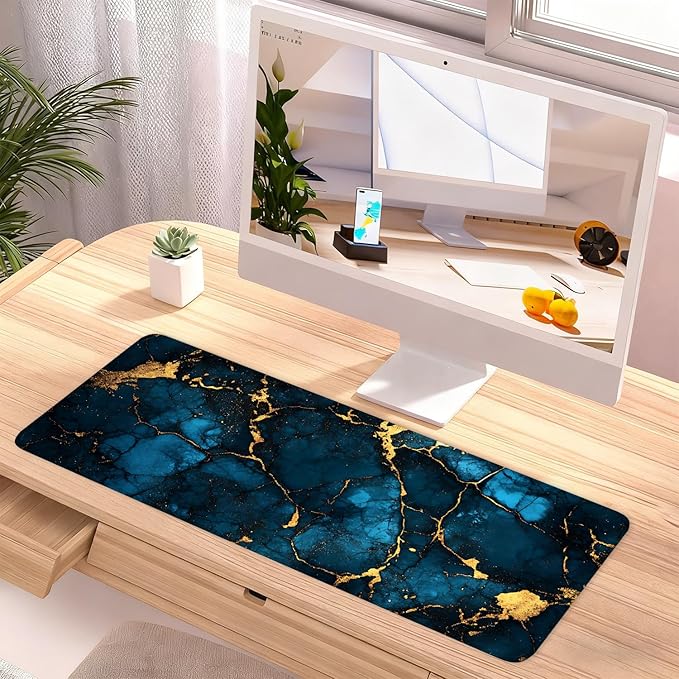 Blue Marble Gold Vein Mouse Pad – Large Extended Desk Mat 31.5 x 11.8 in– Elegant Navy Ink Texture with Metallic Cracks, Keyboard & Mouse Pad for Office & Gaming