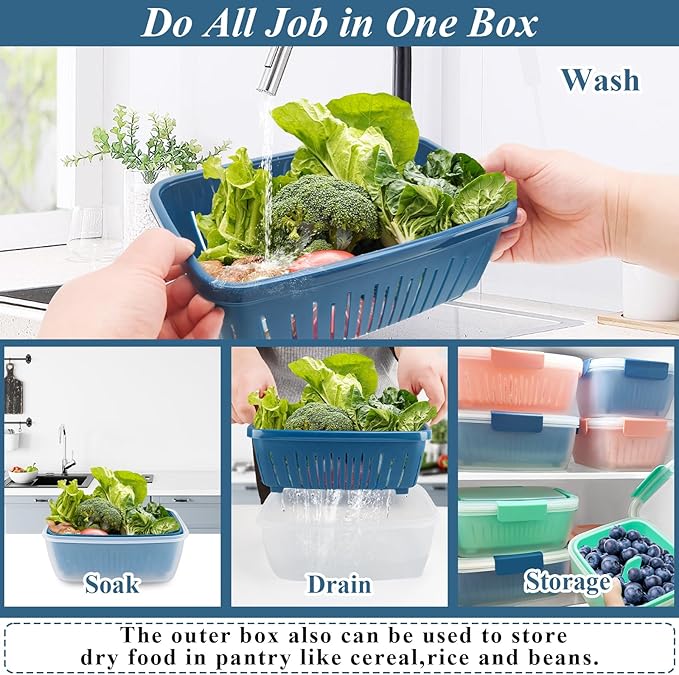 68oz Berry Keeper Fruit Storage Container for Fridge, Fresh Food Produce Saver Containers with Removable Drain Colanders, Vegetable Lettuce Keeper Bowl, Refrigerator Organizer, PRESS TO OPEN CLOSE LID