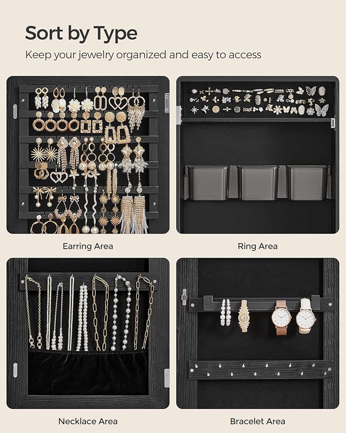 SONGMICS Mirror Jewelry Cabinet Armoire, Wall or Door Mounted Jewelry Storage, Hanging Lockable Frameless with 2 Plastic Cosmetic Organizers, Christmas Gift Idea, Black UJJC001B01