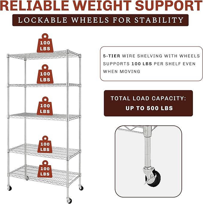5-Tier NSF-Certified Steel Storage Shelves Rack - Garage Shelving Heavy Duty Metal Shelves for Storage - Adjustable Wire Shelving Unit w/ Wheels Shelf Commercial Shelving for Garage, Kitchen & Office