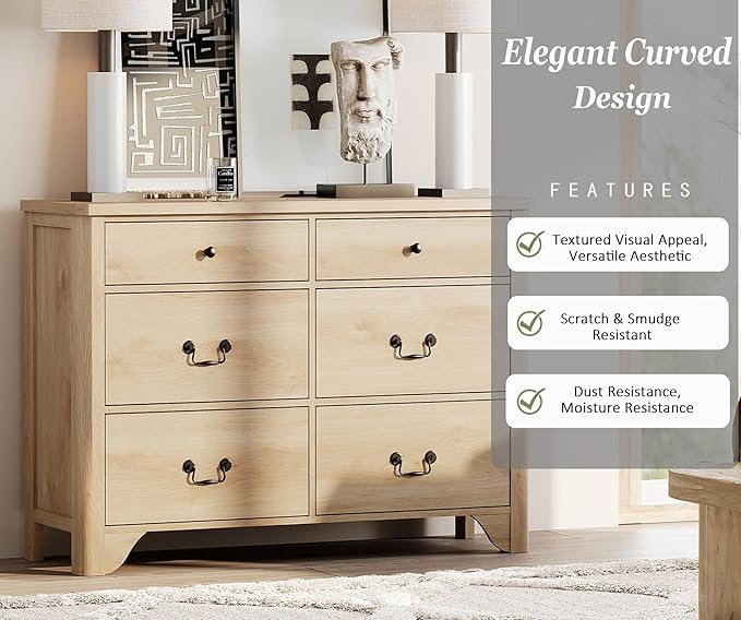 WAMPAT Dresser for Bedroom with 6 Drawers, 47.2" Wide Farmhouse Dressers Chests of Drawers with Curved Profile Design, Wood Closet Organizer for Bedroom, Hallway, Oak