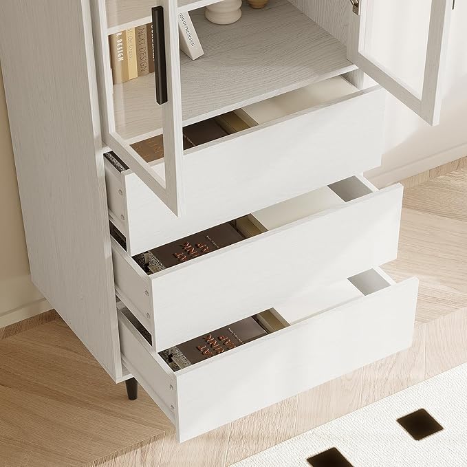 TUSY 70.9“ H Book Shelf with Drawers, 7-Tier Bookcase with Glass Doors, Display Curio Cabinet, Office Storage Cabinet, Narrow Display Bookcase for Home, Office, Clinic, Pantry (White)