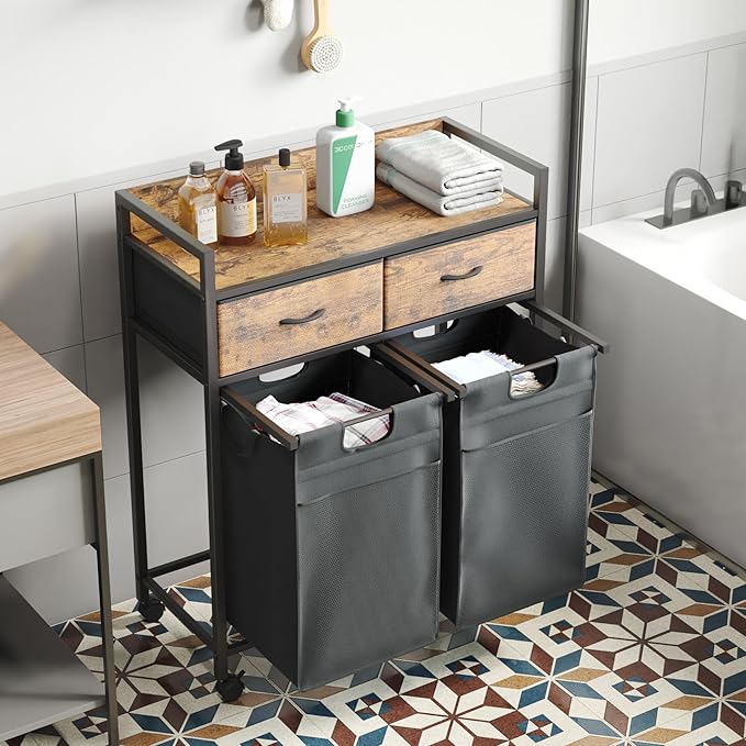 Laundry Hamper baskets 2 Section with 2 Drawers, 100L Laundry Sorter with Wheels Pull-Out Removable Laundry Bags, Rustic Brown and Black