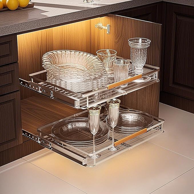 2 Pack Expandable Pull Out Cabinet Organizer，Side Mounting 16.3~26.3"x17.3"Cabinet Pull Out Shelves, Expandable Slide Out Spice Rack for Kitchen Bathroom Office