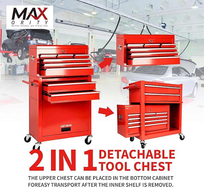 8-Drawer Rolling Tool Chest with Lockable Wheels, Sliding Drawers, Detachable Top & Adjustable Shelf – Heavy Duty Tool Storage Cabinet for Garage, Workshop & Home Organization