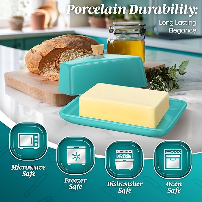 Flexzion Ceramic Blue European Butter Dish with Lid for Countertop (8 Inch) - Wide 2 Stick Double Butter Holder for Counter, Cream Cheese Container Storage Keeper