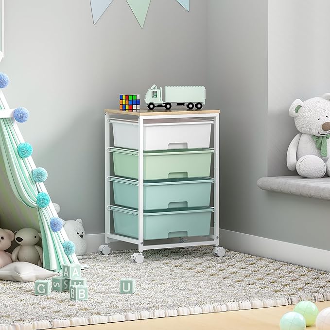 Utility Cart with 4 Drawers,Rolling Storage Cart with Drawers,Storage Rolling Drawer Cart with Wooden Tabletop for Bedroom,Kid's Room,Dorm,Classroom,Office,Green