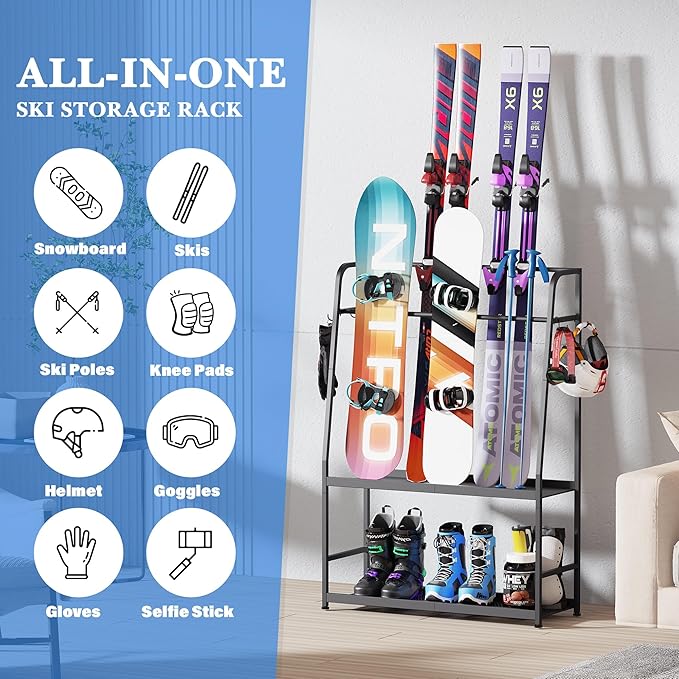 Ski Rack for Garage,Freestanding Snowboard Rack for Ski,Snowboard, Ski Boot, Ski Poles, Goggles, Helmet and More, Heavy Duty Steel Floor Stand Ski Organizer for Garage Basement