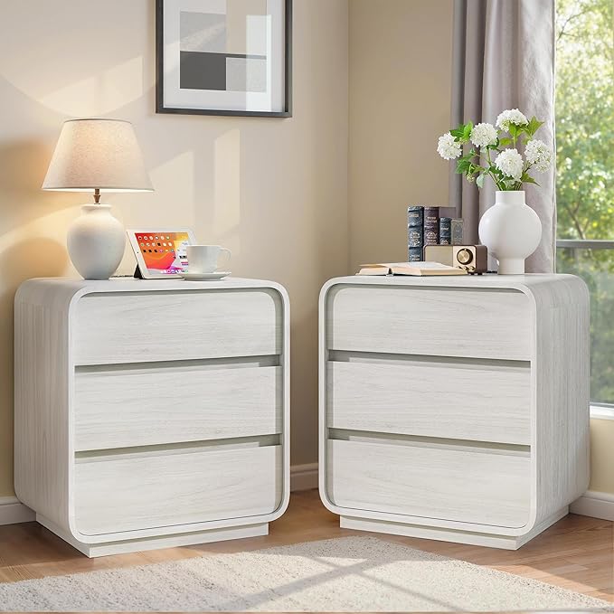 White Nightstand Set of 2 with Charging Station, 23.2" Wide Wood Night Stand, Modern Bedside Table with 3 Storage Drawers, Curved Profile, Mid Century End Table for Bedroom Office