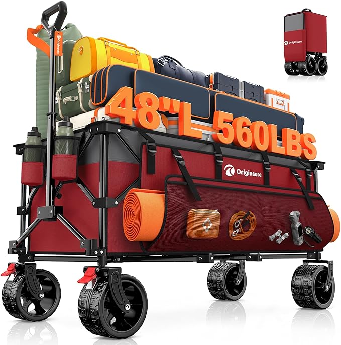 48" L Folding Beach Wagon Cart Foldable, 560lbs Weight Capacity 300L Heavy Duty Collapsible Wagons with Big All-Terrain Wheels, Utility Carts for Groceries, Shopping, Camping, Sports - Grey&Red