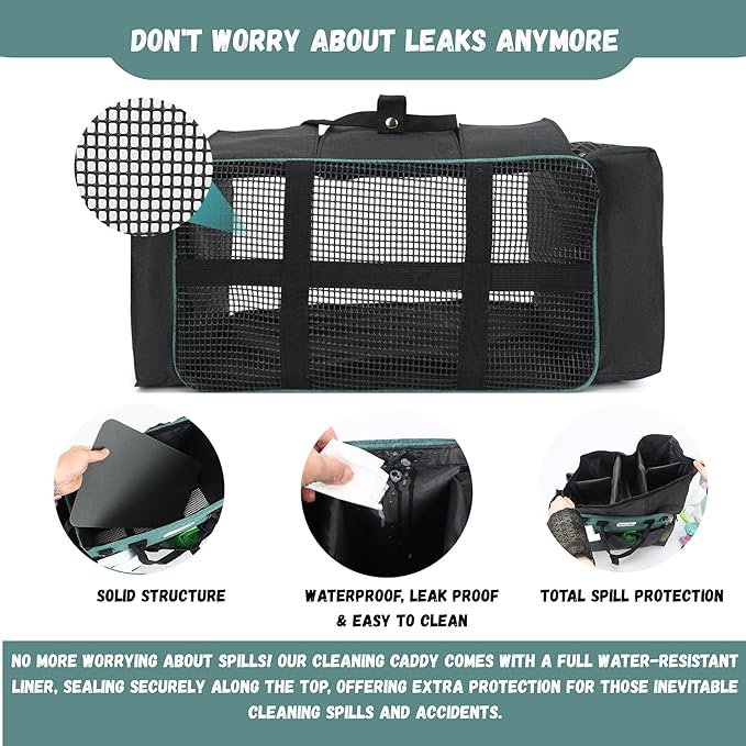 Wearable Cleaning Caddy – Portable Detailing Organizer with Spill-Proof Liner, Straps & Handles – Large Tote for Cleaning Pros, Auto Detailers, and Housekeepers – Green/Gray