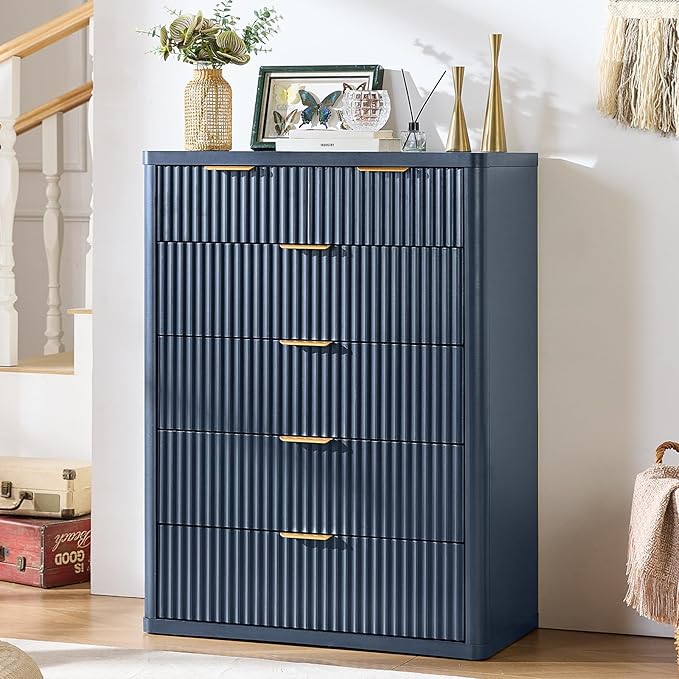 LEYAOYAO Fluted 6 Drawers Dresser for Bedroom, 42" Tall Modern Chest of Drawers with Metal Handle, Curved Profile Design,Navy Blue Wood Drawer Organizer for Bedroom, Living Room, Hallway, Entryway