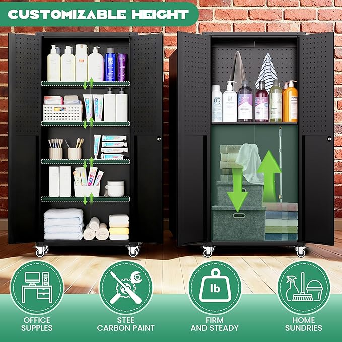 Rolling Tool Cabinet with Pegboard, 71" Tool Cabinets with 4 Adjustable Shelves for Garage, Tool Room, Assembly Required(Black)
