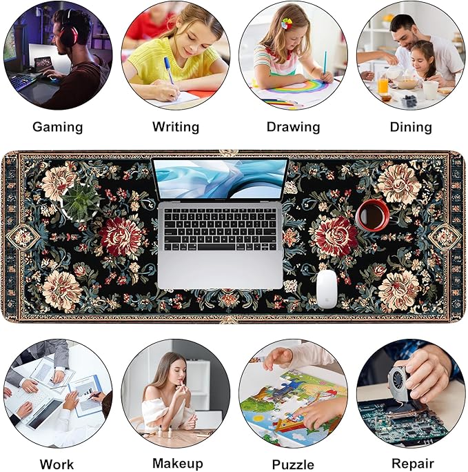 Vintage Persian Carpet Mouse Pad – Large Extended Desk Mat 31.5 x 11.8 in – Oriental Floral Rug Design, Non-Slip Rubber Base, Stitched Edges, Soft Keyboard & Mouse Mat for Office or Gaming