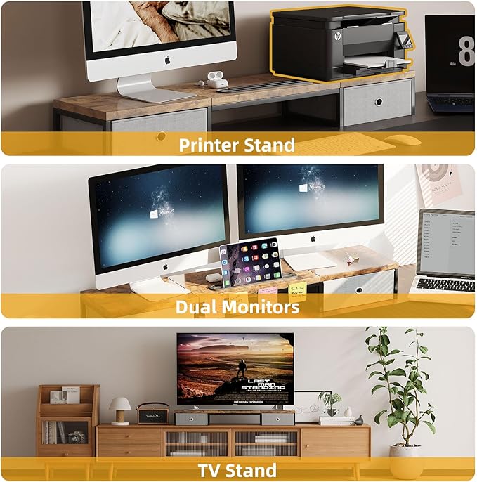 Dual Monitor Stand Riser with 2 Drawers - 39Inch Large Storage Computer Monitor Stands for 2 Monitors, Wooden Desktop Organizer Perfect for Home Office Desk, Computer, Laptop, TV, Rustic Brown