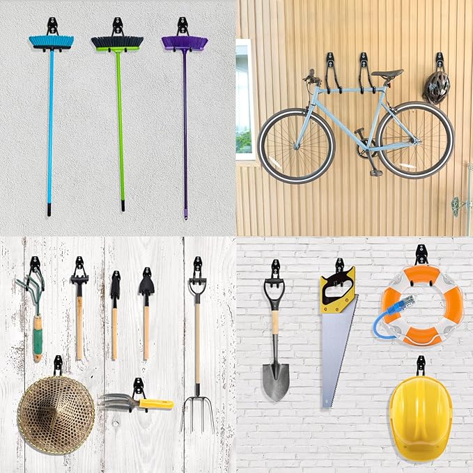 Heavy Duty Garage Hooks 4 Pack, 7.7 inch U Shaped Long Hanger, with 2 Extension Cord Holder Organizer, Wall Mounted Storage System, for Power and Garden Tool Hanging， Ladders, Bikes, Hose