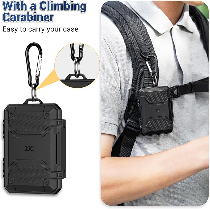 JJC Slim Memory Card Case for 8 SD 12 TF and 2 Nano SIM Cards, IP67 Waterproof Anti-Shock Anti-Dust, Compact Size & Portable SD SDHC SDXC TF Micro SD Card Holder Organizer Storage Box with Carabiner