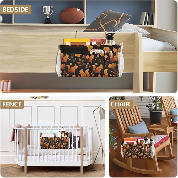 Black Orange Squirrel Leaves Falling Bedside Caddy for Dorm Bed Bedside Hanging Caddy Bag Iron Frame Storage Organizer Pocket for Bunk Home College Hospital Beds 2 Hooks