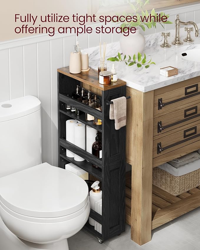 VASAGLE 4-Tier Slide-Out Storage Cart, Slim Kitchen Cart for Small Spaces, with Wheels, Handle, Bathroom, Laundry Room, 5.9 x 17 x 34.1 Inches, Ebony Black and Rustic Brown ULRC050K02