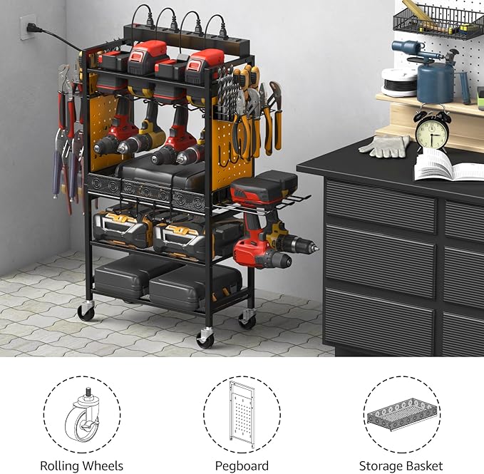 CCCEI Power Tool Organizer Cart with Charging Station, Garage Floor Rolling Storage Cart on Wheels for Mechanic, Mobile 6 Drill, Tool Box Utility Cart with Power Strip, Yellow.
