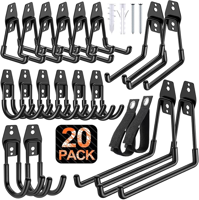20 Pack Heavy Duty Garage Hooks,Solid Steel Wall Mount Hangers,with Anti-Slip Coating,for Hanging and Organising Ladder,Bike,Ropes,Broom,Garden,Yard and Power Tools