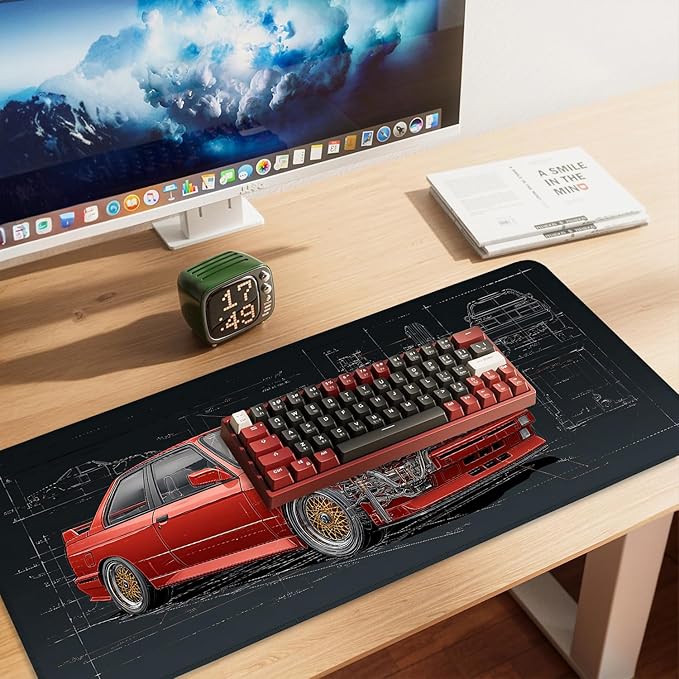 Retro Car Blueprint Mouse Pad – Large Extended Desk Mat 35.43 x 15.75 in – Classic Red Tuner Car Cutaway with Engine Diagram, Waterproof Surface, Non-Slip Rubber Base, Keyboard & Mouse Pad