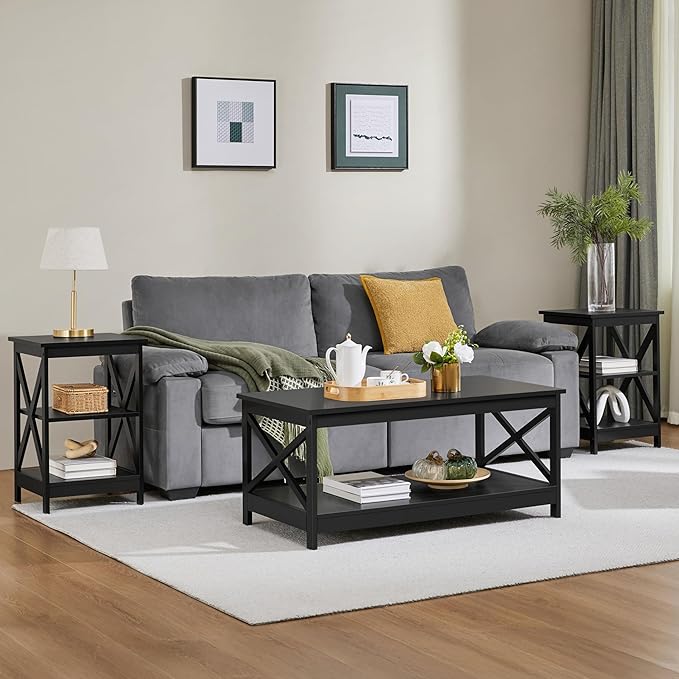 Yaheetech Black End Table Set of 2, 16x16x24 in Sturdy 3-Tier Side Tables with Storage Shelf & Solid Wood Legs, 2Pcs X-Design Modern Sofa Side Table for Living Room Office, Easy Assembly