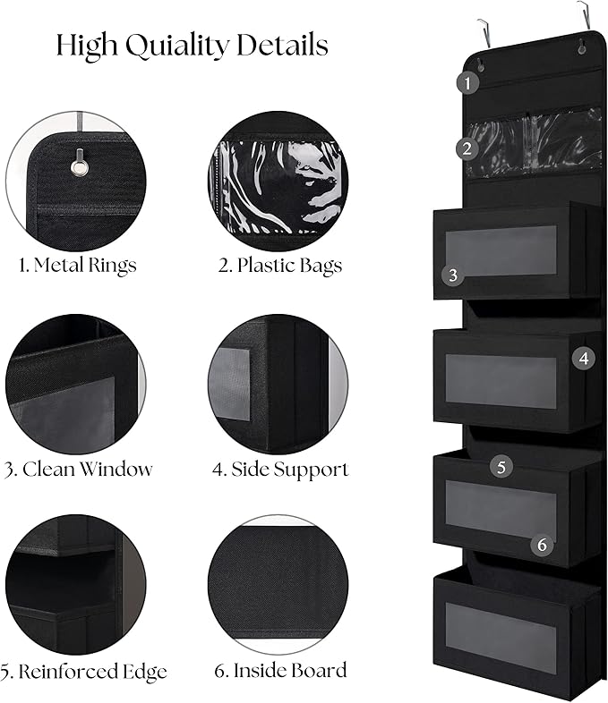 Giraffe Creation Over Door Organizer with 4 Large Capacity Pockets, Hanging Organizer Storage for Closet Bathroom Nursery Bedroom Dorm, Toys Cosmetics Sundries and Baby Essentials, Black