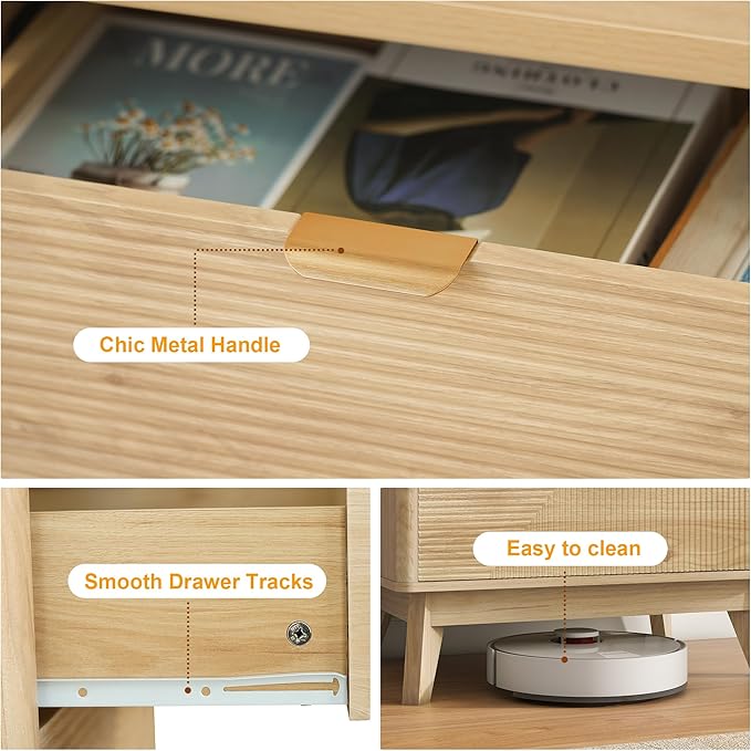 3 Drawer Fluted Nightstand for Bedroom, Modern Wood Night Stand with Curved Profile, Fluted Dresser & Wood Drawer Organizer for Bedroom and Hallway