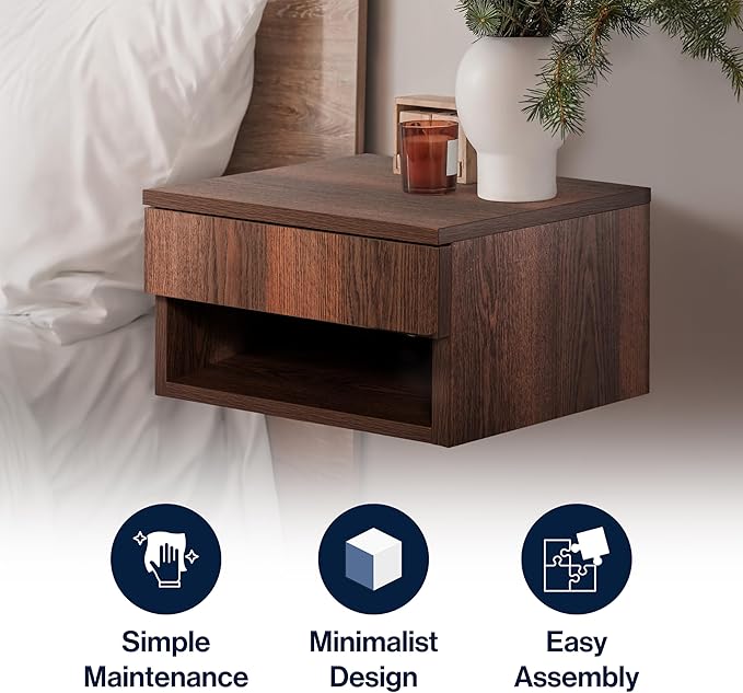 JONATHAN Y NST2002A Ettore 15.71" Mid-Century Modern Floating Wall Mounted Nightstand with Soft-Close Drawer and Cable Hole, Dark Brown
