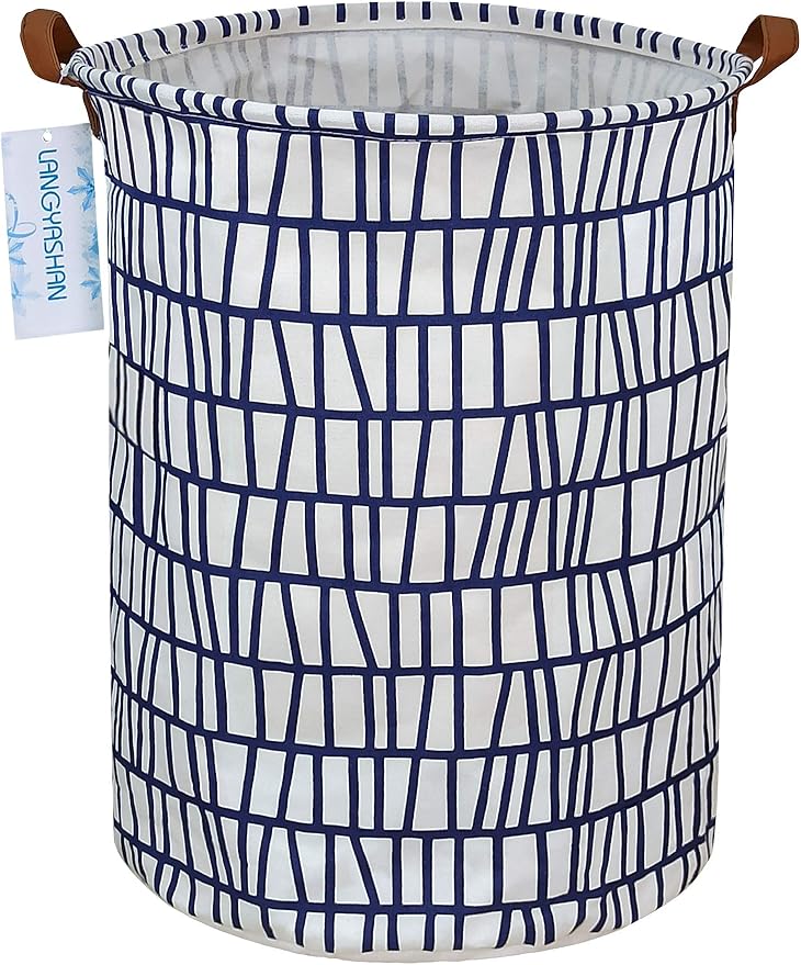 LANGYASHAN Laundry Basket Canvas Fabric Collapsible Organizer Basket for Storage Bin Toy Bins Gift Baskets Bedroom Clothes Children Nursery Hamper (Blue Stripes)