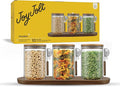 JoyJolt Holden 32oz Stackable Glass Storage Containers with Lids Scoops and Tray, Clear Airtight Food Canister Set of 3 w/Acacia Wood Lids, Round Stacking Pantry and Kitchen Containers w/Scoop