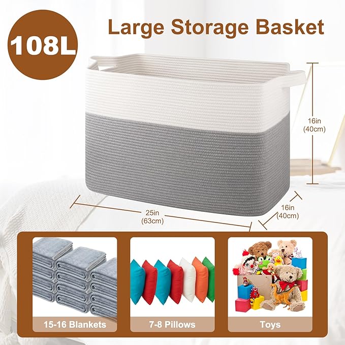 XXXL Supre Large Blanket Basket for Clothes, Towels, Pillows, 108L Cotton Rope Storage Basket for Living Room, Woven Toy Storage for Kids, 25" x 16" x 16", Grey and White