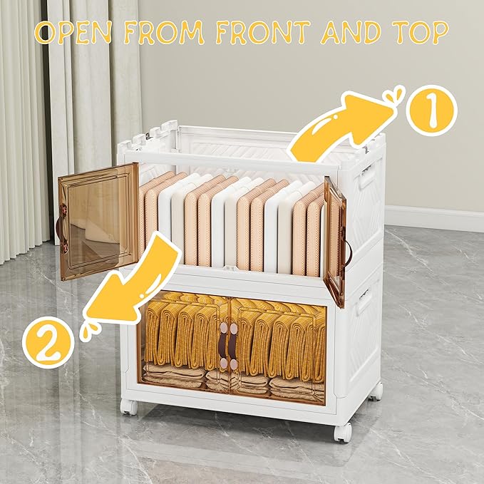 Storage Bins with Lids and Wheels, Collapsible Bathroom Storage Cabinet with Clear Doors, Plastic Stackable Closet Organizers and Storage Containers White 199 QT