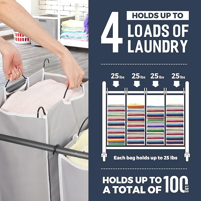 STO STO Laundry Sorter 4 Section, 4 Bag Laundry Hamper, Rolling Laundry Cart, Laundry Basket with Heavy Duty Lockable Wheels and Removable Bag for Clothes Storage, Gray