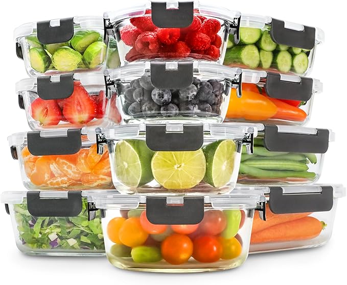 Freshware Glass Storage Containers with Lids, 24 Pieces, 12 Containers with 12 Lids, Glass Meal Prep Container for Lunch, Food Storage Containers, Leak Proof, Freezer Safe, Clear